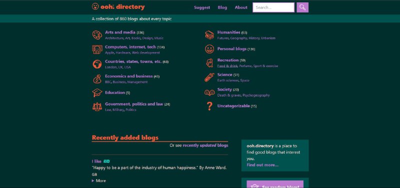 ▎ooh! directory 博客聚合平台A collection of 860 blogs about every topic.这是一个收藏了860个（可能不止）博客的聚合平台，根据不同类型对博客进行分类，有艺术和媒体、计算机与科技、经济与商业、教育、社会等，该网站提供RSS订阅，包括最近添加的博客、博客文章更新